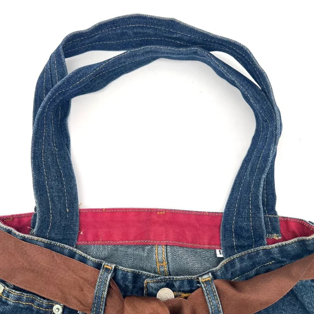 Upcycled Denim Handbag Purse Chic Beaded Pockets & Brown Ribbon FM Jeans Button - Picture 3 of 14